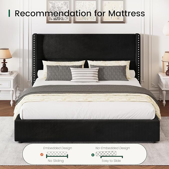 LARMACE Queen Size Bed Frame with 4 Storage Drawers Corduroy Bed Upholstered Platform Bed Frame with 48" Tall Headboard, Solid Wood Leg/No Box Spring Needed/Noise Free, Black