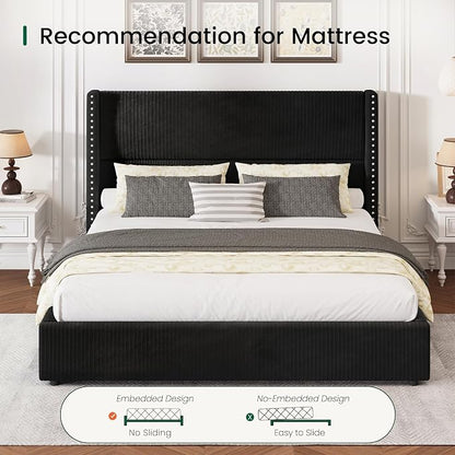 LARMACE Queen Size Bed Frame with 4 Storage Drawers Corduroy Bed Upholstered Platform Bed Frame with 48" Tall Headboard, Solid Wood Leg/No Box Spring Needed/Noise Free, Black