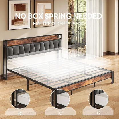 LIKIMIO King Size Bed Frame, Storage Headboard with Charging Station, Solid and Stable, Noise Free, No Box Spring Needed, Easy Assembly