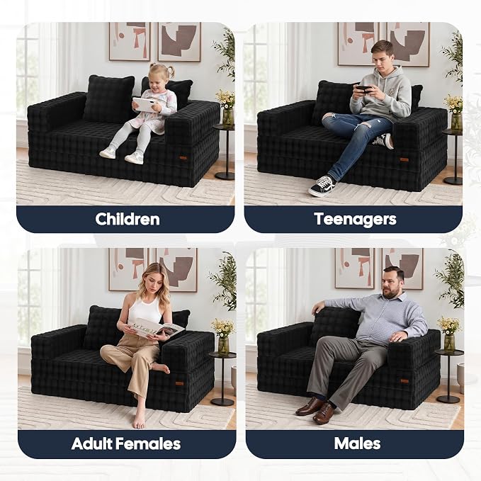 COMAX Futon Sofa Bed, Convertible Sofa Bed, Folding Boneless Couches | Boneless Couch for living room, Fold Out Small Foldable Loveseat Floor Sleeper Mattress Lounge Space‑Saving, Dark Black