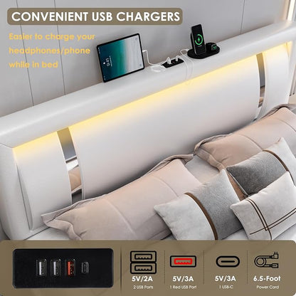 Keyluv Queen Bed Frame with RGB LED Lights Headboard & 2 Storage Drawers, Modern Upholstered Faux Leather Smart Platform Iron Metal Decor, USB USB-C Charging Ports, No Box Spring Needed, White