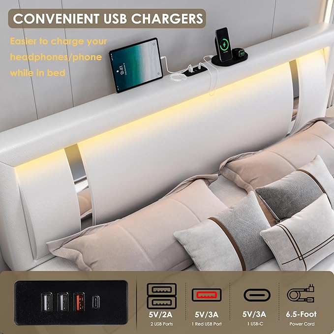 Full Size Bed Frame with RGB LED Lights Headboard & 2 Storage Drawers, Modern Upholstered Faux Leather Smart Platform Bed with Iron Metal Decor, USB & USB-C Charging Ports, No Box Spring Needed, White