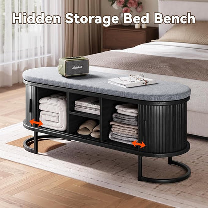 Decofy Shoe Storage Bench with Cushion and Sliding Doors, 47.2 Inch Shoe Bench with Storage, Freestanding Entryway Bench with Storage, Sturdy Metal Feet, for Hallway & Entrance Hall, Black Walnut