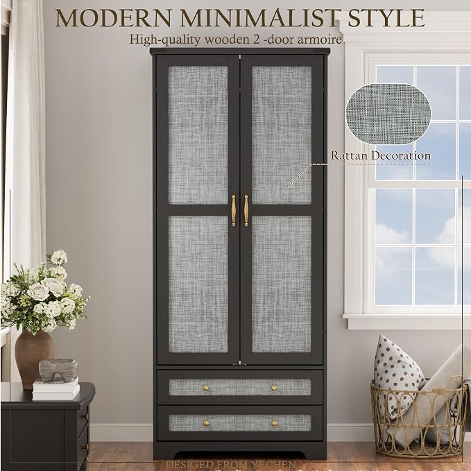 Yechen 71" Armoire Wardrobe Closet with Doors, Modern Tall Storage Cabinet with Adjustable Shelf and Hanging Rail, Sturdy Freestanding Closet Armoires and Wardrobes with 2 Wide Drawers for Bedroom