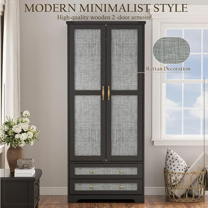 Yechen 71" Armoire Wardrobe Closet with Doors, Modern Tall Storage Cabinet with Adjustable Shelf and Hanging Rail, Sturdy Freestanding Closet Armoires and Wardrobes with 2 Wide Drawers for Bedroom