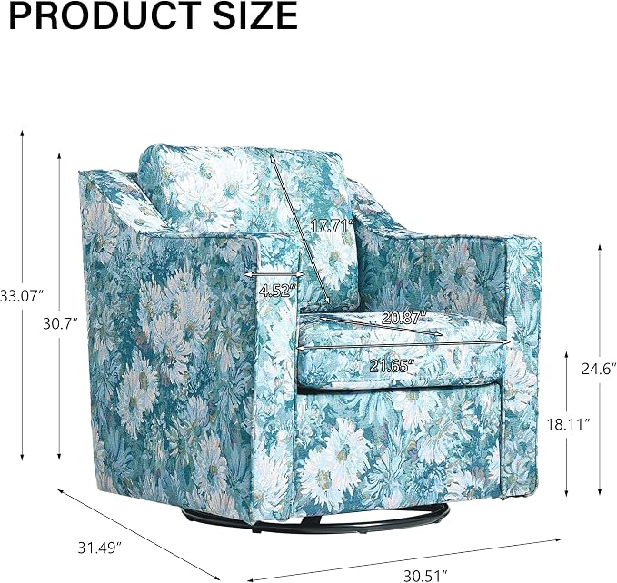 Swivel Accent Chair, Modern Round Barrel Arm Chair for Living Room, Bedroom, Comfy Club Reading Chairs for Adults (Cyan Blooms, Set of 2)