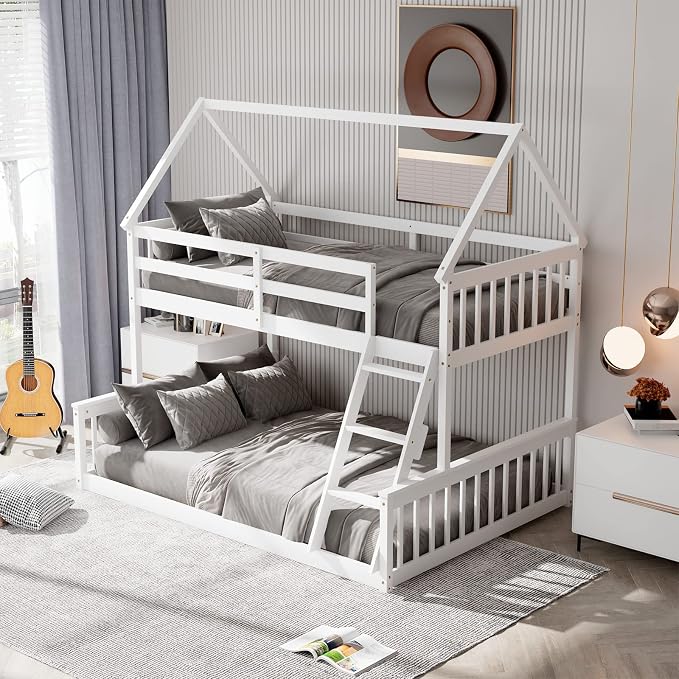 Giantex Wood Twin Over Full Bunk Bed, Solid Wood House Bed Frame Built in Ladder & Safety Guardrails, Convertible to 2 Beds, Floor Bunk Bed for Kids Teens Juniors, No Box Spring Needed, White