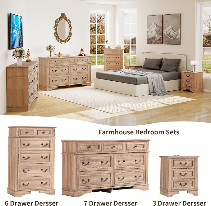 Farmhouse Dresser and Nightstand Sets, 6-Drawer with 7 Drawer Dresser & 3 Drawer Nightstand Sets, 4 Pieces Rustic Wood Bedroom Furniture Set for Home, Bedroom, Hallway(Natural)