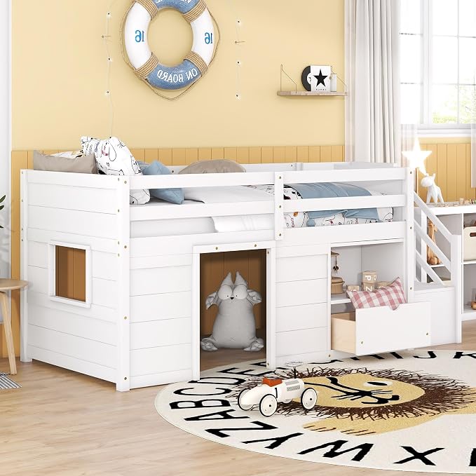 Bellemave Twin Size Low loft Bed for Kids,Wood Loft Beds,Modern Farmhouse Twin loft Bed,Loft Bed with Desk and Storage, No Box Spring Needed,for Kids,White