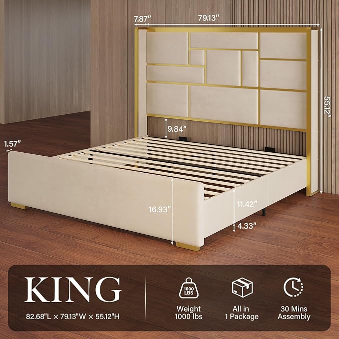 King Size Bed Frame with 55.12" Tall Headboard, Modern Luxury Velvet Upholstered Platform Bed with Gold Trim, Wide Wingback Design, Noise-Free, Easy Assembly, No Box Spring Needed, Beige