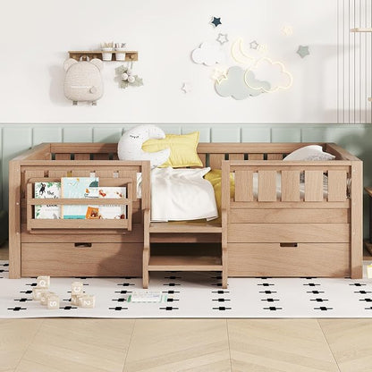 Bellemave Full Kids Montessori Bed with Stairs, Bookshelf and Drawers, Solid Wood Kids Bed Frame with Storage for Boys Girls, Low Profile,Dark Natural