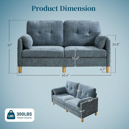 65" Loveseat Sofa, Mid Century Loveseat Couch for Living Room with Storage Pockets, Upholstered Small Loveseat for Small Spaces, Bedroom, Home Office, Apartments, Small Sofa Chenille Navy Blue