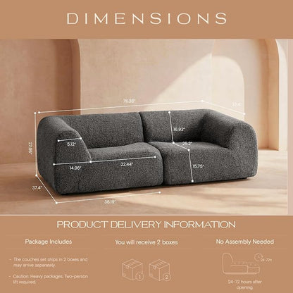 Curved Sectional Modular Couch with Chaise, Modern 76.38'' Boneless Sofa with Deep Seat, Sherpa Boucle Cloud Couch for Living Room, Cozy Teddy Loveseat Couches, No Assembly, Gray