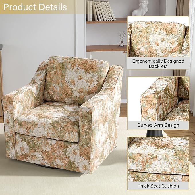 Swivel Accent Chairs Set of 2, 360° Swivel Upholstered Club Armchairs for Living Room, Comfy Fabric Single Sofa Reading Chair with Deep Seat, Metal Swivel Base, Sand Blooms