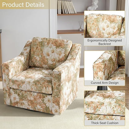 Swivel Accent Chair, 360° Swivel Upholstered Club Armchairs for Living Room, Comfy Fabric Single Sofa Reading Chair with Deep Seat, Metal Swivel Base, Sand Blooms