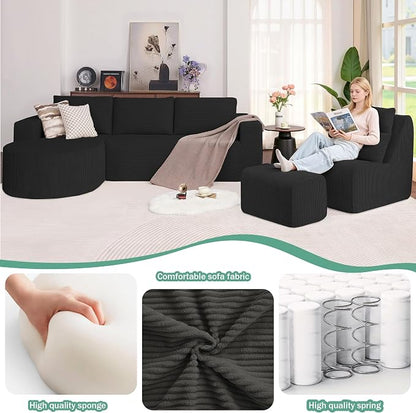 104.92" L-Shaped Corduroy 3 Piece Sofa Set with Single Lounge Chair & Ottoman, Modular Compressed All Foam Couch, Freely Movable Footrest, Minimalist Large Living Room Furniture
