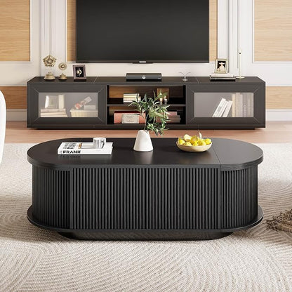 HSH 47" Oval Coffee Table with Storage, Black Coffee Table for Living Room | Modern Center Table with Press Type Door, Fluted Living Room Tables with 2 Flip-Top Hidden Lids, Wood Table