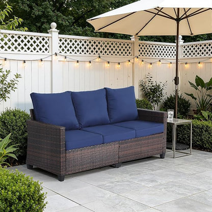 EortheX 3-Seat Rattan Wicker Outdoor Patio Sofa Garden Deck Porch, Blue | weather-resistant PE rattan,quick-dry anti-slip cushions,for garden/deck/porch,rust-resistant frame,easy assembly,small space