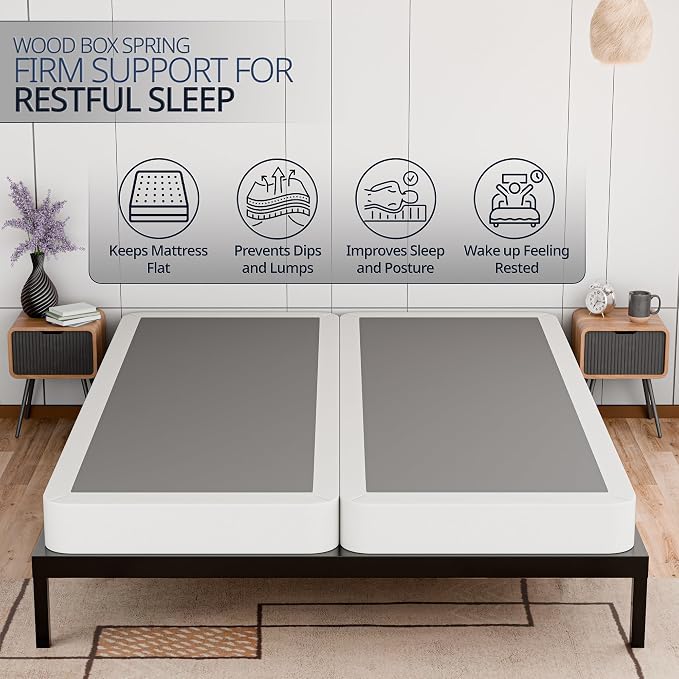 Nutan, 4-Inch Sturdy Wood Box Spring for Mattress Support - Durable and Fully Assembled, Natural Wood Foundation for Queen, White