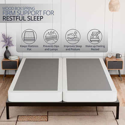 Box Spring Bed Base Queen Size, 4-Inch Wood Mattress Foundation – Amish Made in USA – Quiet Noise Free, Under Mattress-Support BoxSpring, Fully Assembled, White