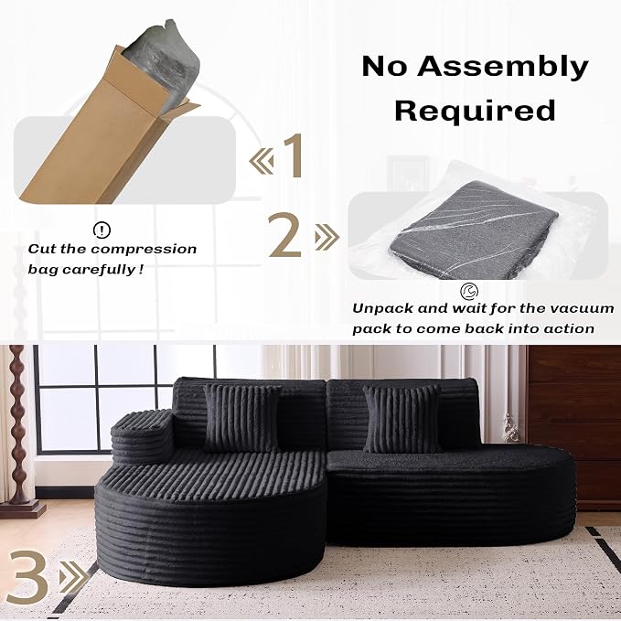 Modern Curved Boneless Sofa Couch, L-Shaped Corner Sofa, Corduroy Upholstered Cloud Sectional Couch for Living Room, Bedroom and Apartment,No Assembly Needed(Black, Left Hand Facing)