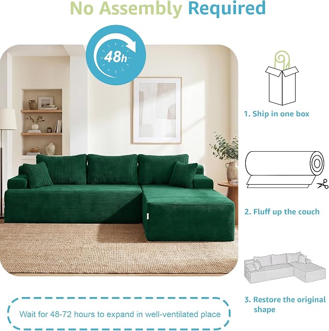 Hobestluk Modular Sectional Sofa Couches L-Shape Couch 3 Seat Modular Sofa Memory Foam Sectional Couches for Living Room, Cloud Couch with Oversized Chaise (Green Corduroy, 96", Right Hand Facing)