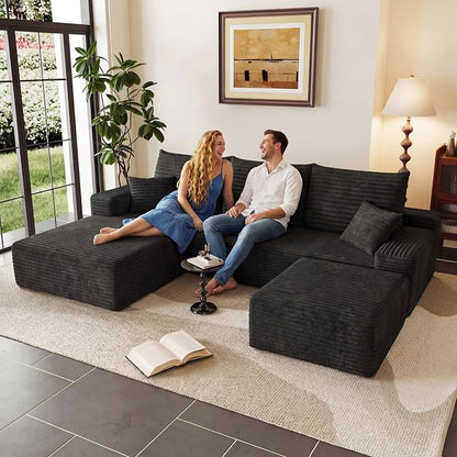95" Cloud Sectional Couch U-Shaped Chaise with Ottoman, Corduroy Boneless Couch for Living Room Bedroom, Deep-Seat Upholstered Modular Cloud Sofa, No Assembly Required (Black, Left Facing Chaise)