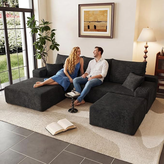 95" Cloud Sectional Couch U-Shaped Chaise with Ottoman, Corduroy Boneless Couch for Living Room Bedroom, Deep-Seat Upholstered Modular Cloud Sofa, No Assembly Required (Black, Left Facing Chaise)