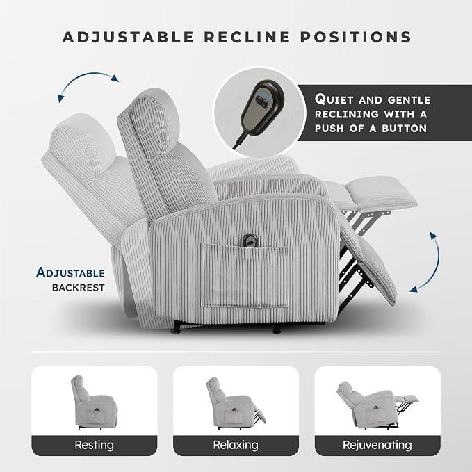 Lexicon Power Lift Recliner Chair for Elderly with Remote Control, Gentle Lift Motion, Side Pocket Armrest, Corduroy Upholstered Electric Recliner for Living Room/Bedroom, Easy Assembly, Light Gray