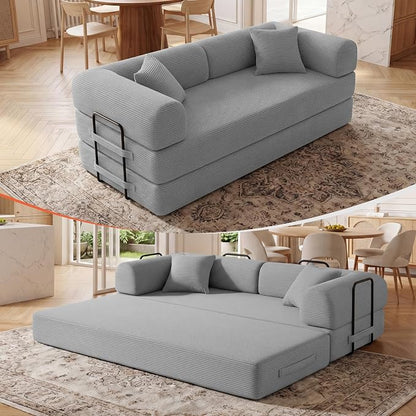 79" Convertible Sleeper Sofa Bed, Corduroy Boneless Fold-Out Couch in a Box, 4-in-1 Loveseat/Futon Couch, High-Density Foam, No Assembly, Side Pockets, 2 Pillows for Small Spaces, Light Grey