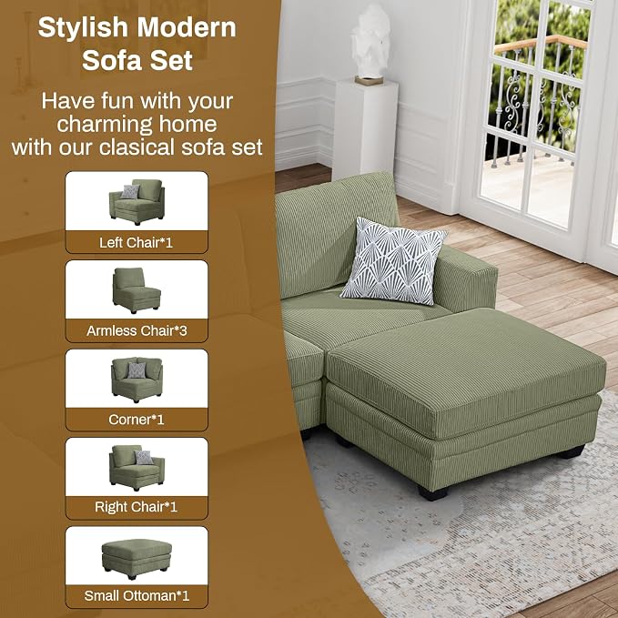 Legend Vansen Oversized Modular Sectional Sofa,U/L-Shaped Corduroy Couch with Ottoman,Deep Seat & Removable Cushion,Easy Assembly for Living Room Apartment,7 Seater,Olive