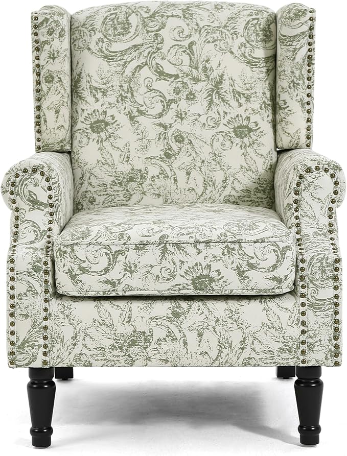High Back Floral Accent Chairs Set of 2, Fabric Upholstered Armchair Wingback Arm Chair for Living Room, Nailhead Trim Single Sofa Bedroom Side Reading Seat with Solid Wood Legs - Rococo Green