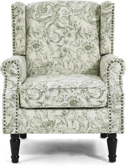 High Back Floral Accent Chairs Set of 2, Fabric Upholstered Armchair Wingback Arm Chair for Living Room, Nailhead Trim Single Sofa Bedroom Side Reading Seat with Solid Wood Legs - Rococo Green