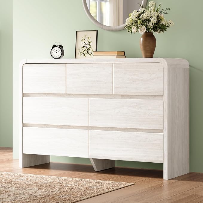 AMERLIFE Drawer Tall Dresser for Bedroom, Modern Storage Cabinet with Anti-Tip Kit, Rounded Corners & Easy Assembly, White Wood Chest for Closet (White, 15.8" D x 48.8" W x 33.3" H (7 Drawers))