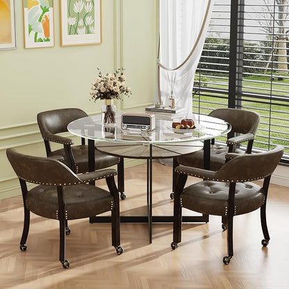 LEEMTORIG Set of 6 Large Dining Chairs with Casters and Arms, Rolling Dining Chairs with Wheels, Wood Boss Caption's Chairs, 26" D x 25.2" W x 31.5" H, Espresso Legs & Choalate PU, XXY-1910-BN