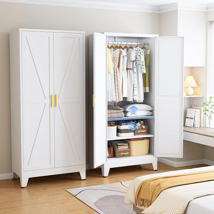 Steel Armoire Wardrobe Closet with 2 Doors and 2 Shelves, 71" H Freestanding Wardrobe Cabinet, Large Closet with Hanging Rod, White Metal Closets, Bedroom Armoire for Bedroom, Office
