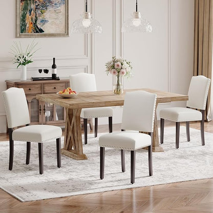 Upholstered Parsons Dining Chairs Set of 4, Modern Dining Room Chairs with Back, Fabric Kitchen Side Chairs with Wood Legs, Nailhead Trim for Dinner Farmhouse Restaurant, Beige