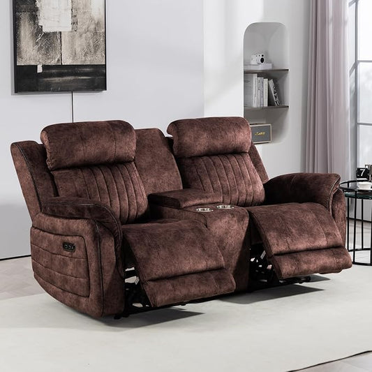 Power Zero Gravity Reclining Loveseat with Adjustable Headrest, Double Reclining Loveseat with Console, Power Loveseat Recliner with USB & Type-C Ports for Living Room (Brown)
