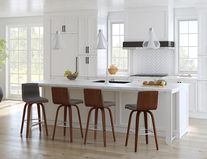 Vienna 26" Swivel Counter Stool in Walnut Wood Finish with Gray Faux Leather - Set of 3