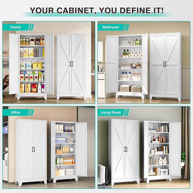 SISESOL Wide & Deep Pantry Storage Cabinet with 2 Doors and 5 Shelves,72" Tall Farmhouse Storage Cabinet,Large Cupboard Closet,White Cabinets for Home,Kitchen,Bathroom,Dining/Living Room