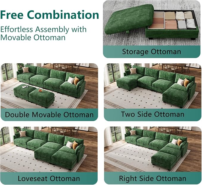 Modular Sectional U Shaped Sofa Couches for Living Room, Cloud Couch with Storage Ottoman, Comfy Chenille Sofa with Pillow, Green