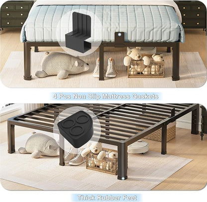 14 inch Full Size Bed Frame with Round Corner Legs and Headboard Hole Mattress Slide Stopper 3500 lbs Heavy Duty Metal Platform,Steel Slat Support,No Box Spring Needed,Easy Assembly,Noise Free