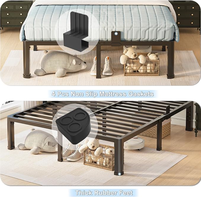 18 inch King Size Bed Frame with Round Corner Legs and Headboard Hole Mattress Slide Stopper 3500 lbs Heavy Duty Metal Platform,Steel Slat Support,No Box Spring Needed,Easy Assembly,Noise Free