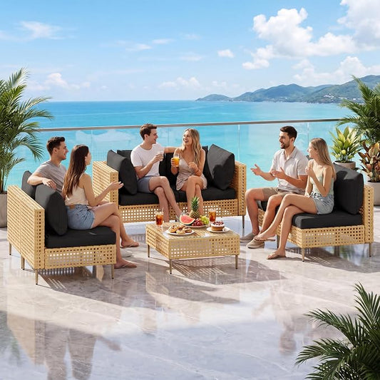 LHBcraft 7-Piece Wicker Outdoor Patio Furniture Set, Outdoor Sectional Furniture, Patio Sofa Sectional Conversation Sets, Handmade Rattan, Water-Resistant Fluffy Cushions and Coffee Table, Brown Black