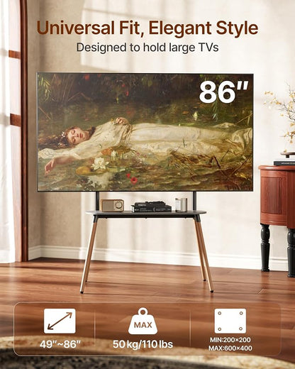 Easel Floor TV Stand with Storage for 49-86 inch TVs, Height Adjustable 4-Leg Universal TV Stand with Cable Management & Protective Pads, Holds 110 lbs for Living Room, Office, School, Black