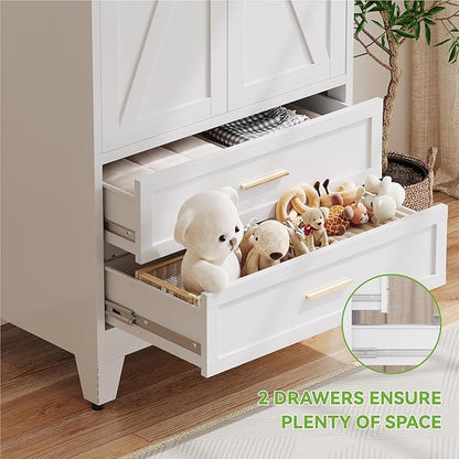 Baborokic Metal Wardrobe Cabinet with Hanging Rod,71" Armoire Wardrobe Closet with 2 Drawers,Farmhouse Bedroom Armoire,Storage Cabinets with Door and Shelves for Bedroom,Laundry Room(White)