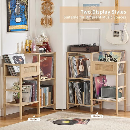 LELELINKY Record Player Stand, Natural Oak Wood Record Holder with Vinyl Storage Holds up to 300+ Albums, 3-Tier Rattan Media Table with Vinyl Display Shelf, Record Storage Cabinet for Living Room