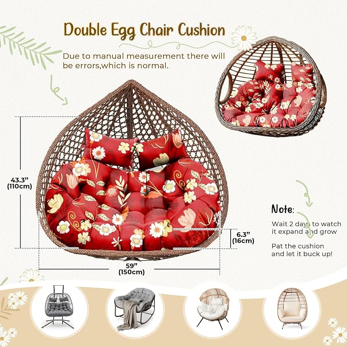 Double Egg Chair Cushion Replacement Waterproof for Outdoor Patio Hanging Basket Egg Chairs, 59x43-Inch Thickened 100% Cotton Large Double Eggs Swing Chair Cushions, Red Peony