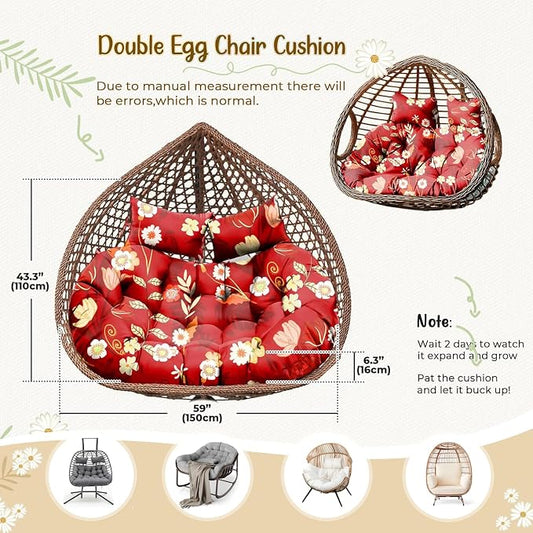 Double Egg Chair Cushion Replacement Waterproof for Outdoor Patio Hanging Basket Egg Chairs, 59x43-Inch Thickened 100% Cotton Large Double Eggs Swing Chair Cushions, Red Peony
