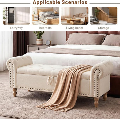 Furniliving 51” End of Bed Storage Bench, Bedroom Bench with Button-Tufted, Upholstered Storage Ottoman Benches Window Bench with Storage, Chenille Bench for Living Room, Entryway, Beige